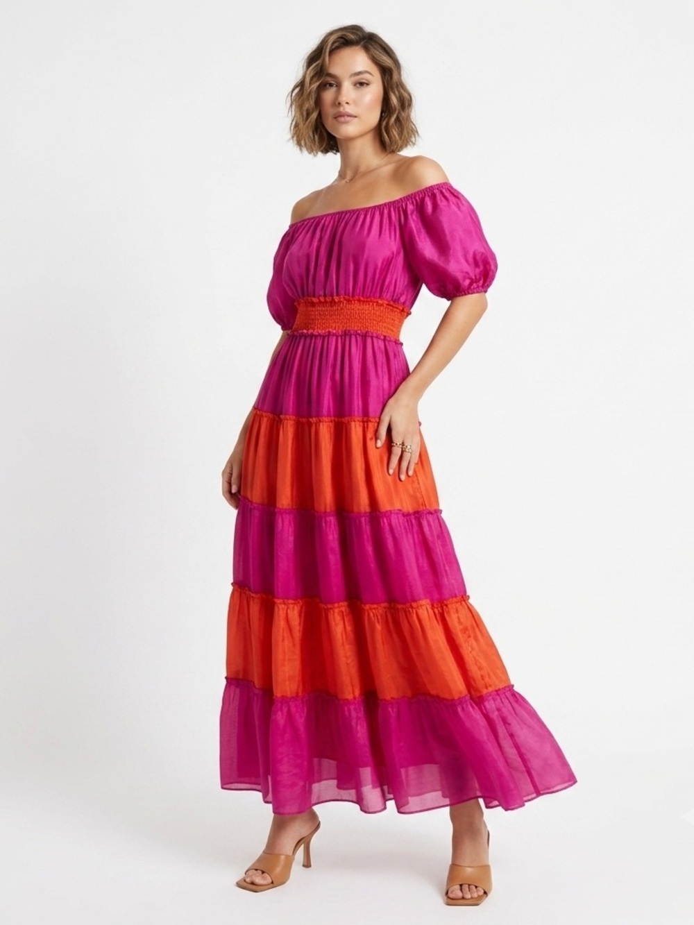 CJ Laing Tiered Maxi Dress Smocked Off Shoulder Silk Blend Pink Orange M